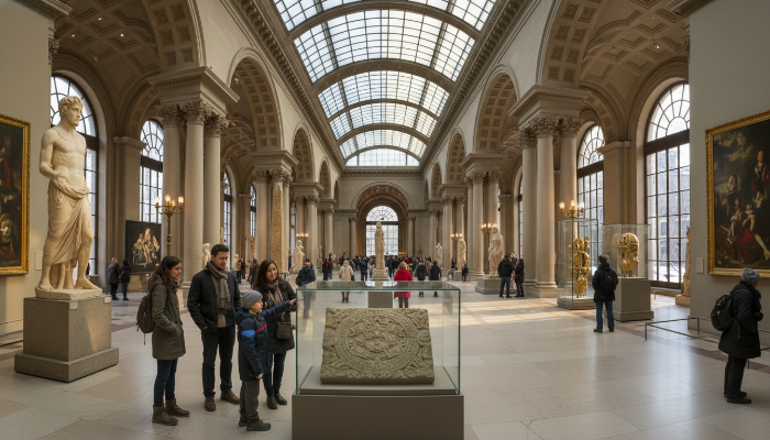 뉴욕 메트로폴리탄 미술관의 활기찬 전시실. 다양한 시대와 문화의 작품들이 전시되어 있고, 한 가족이 고대 유물을 보며 즐거워하고 있다.