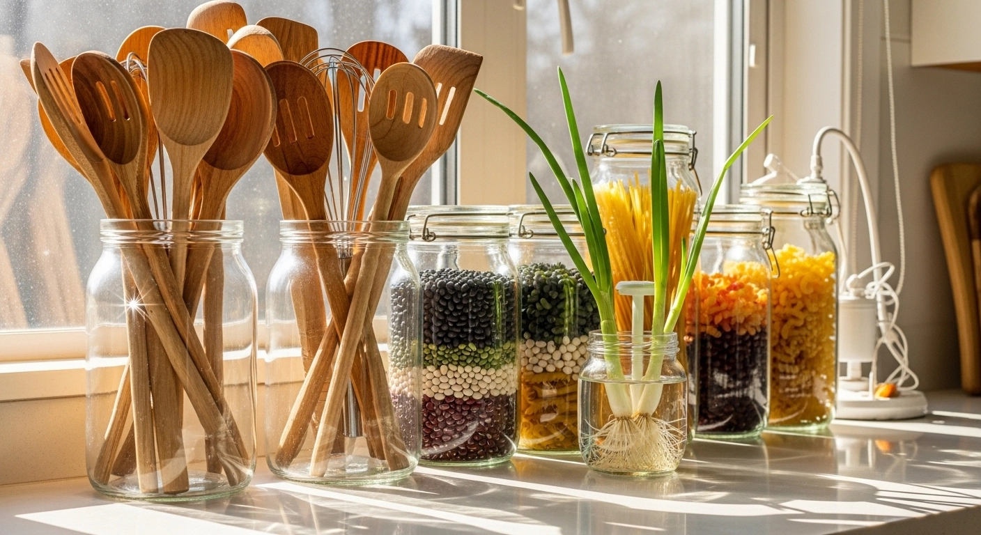 주방 서랍 속 뒤엉킨 조리도구 탈출! 유리병으로 완성하는 제로웨이스트 주방 정리 (소음 방지 꿀팁)