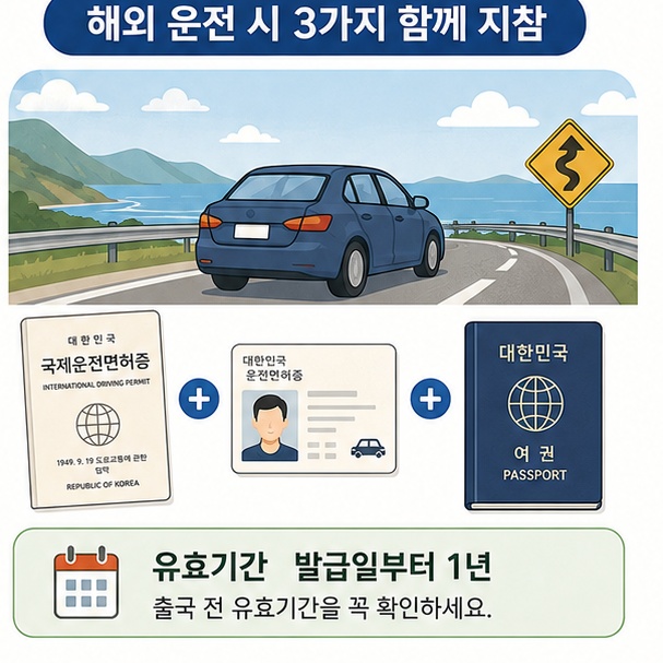 해외에서 운전할 때 국제운전면허증과 대한민국 운전면허증 및 여권을 함께 지참해야 함을 설명한 이미지