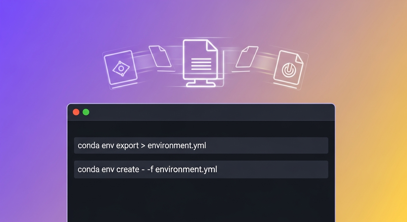Conda 환경 내보내기 및 가져오기 명령어가 표시된 터미널 화면. environment.yml 파일을 통해 파이썬 개발 환경을 쉽게 공유하고 백업하는 과정을 시각적으로 보여줍니다.