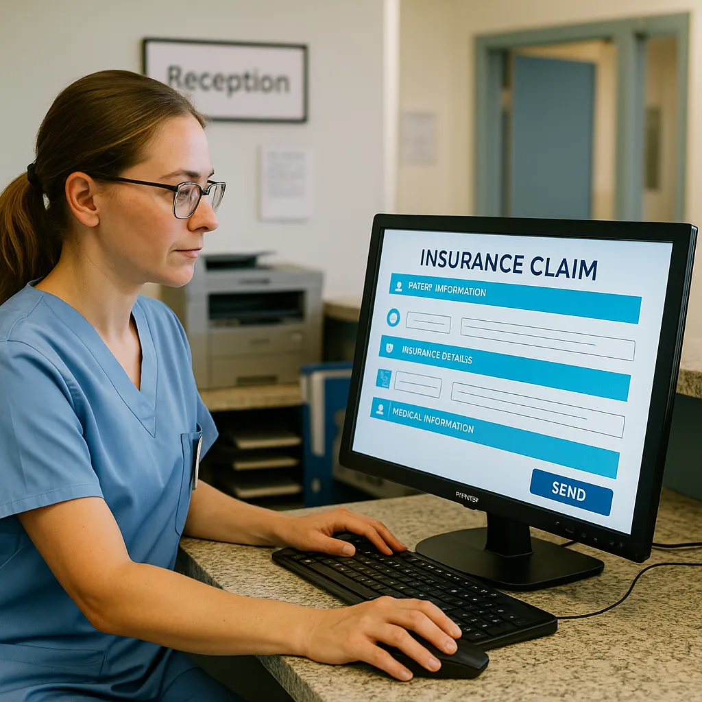 병원 접수 직원이 실손보험 청구서를 전송하는 장면