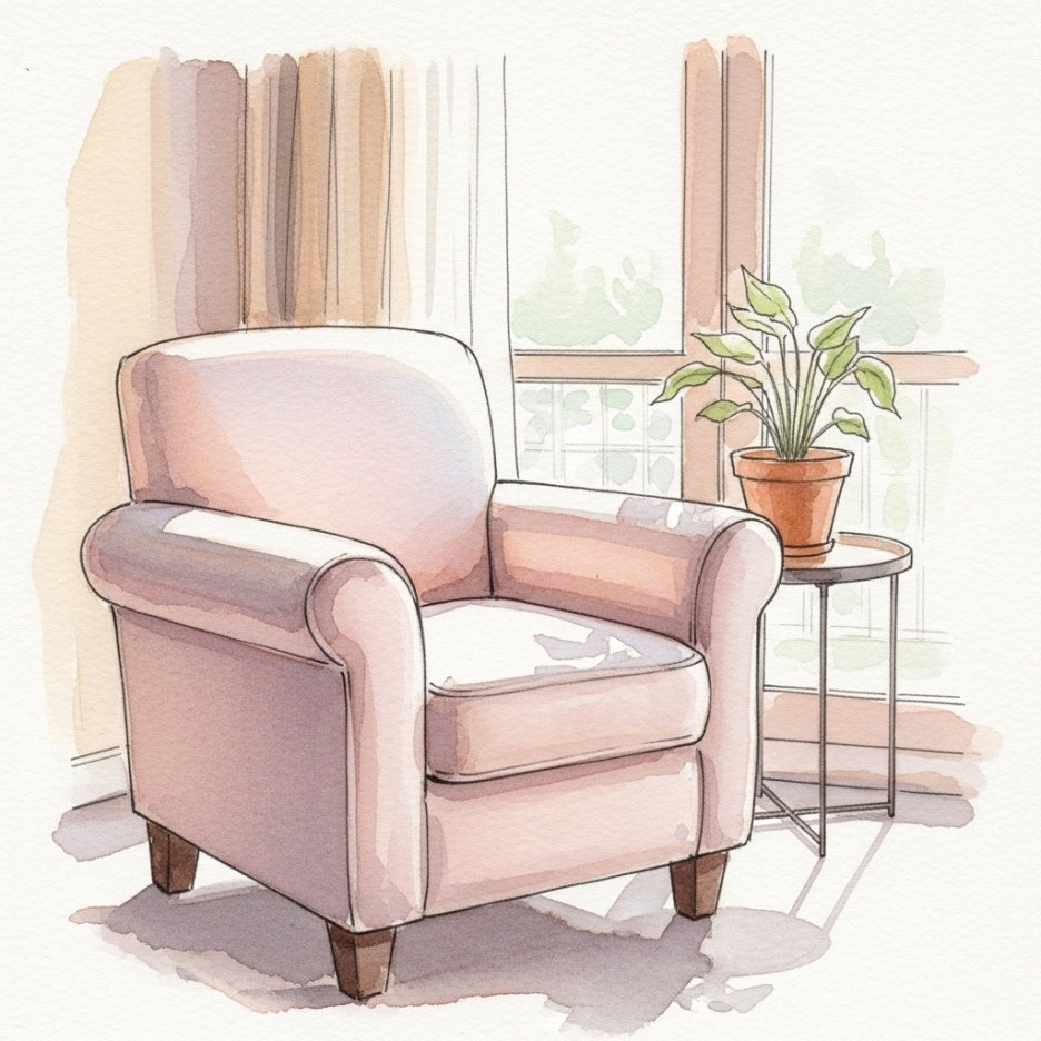 햇살이 들어오는 창가 옆 아늑한 의자 일러스트