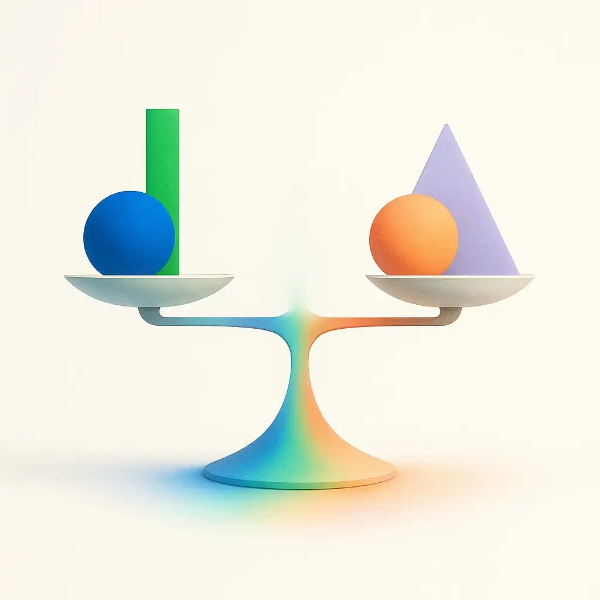 파란 공과 초록 기둥, 주황 공과 보라 원뿔이 각각 대조를 이루며, 중심부에는 무지개색 그러데이션이 감도는 추상적인 균형 일러스트