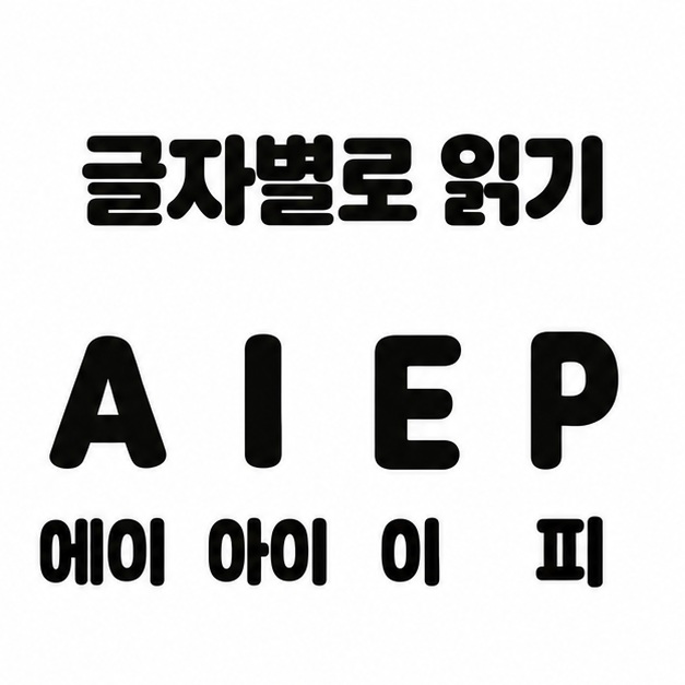 A, I, E, P 아래에 에이, 아이, 이, 피를 각각 맞춰 배치한 글자별 발음 안내