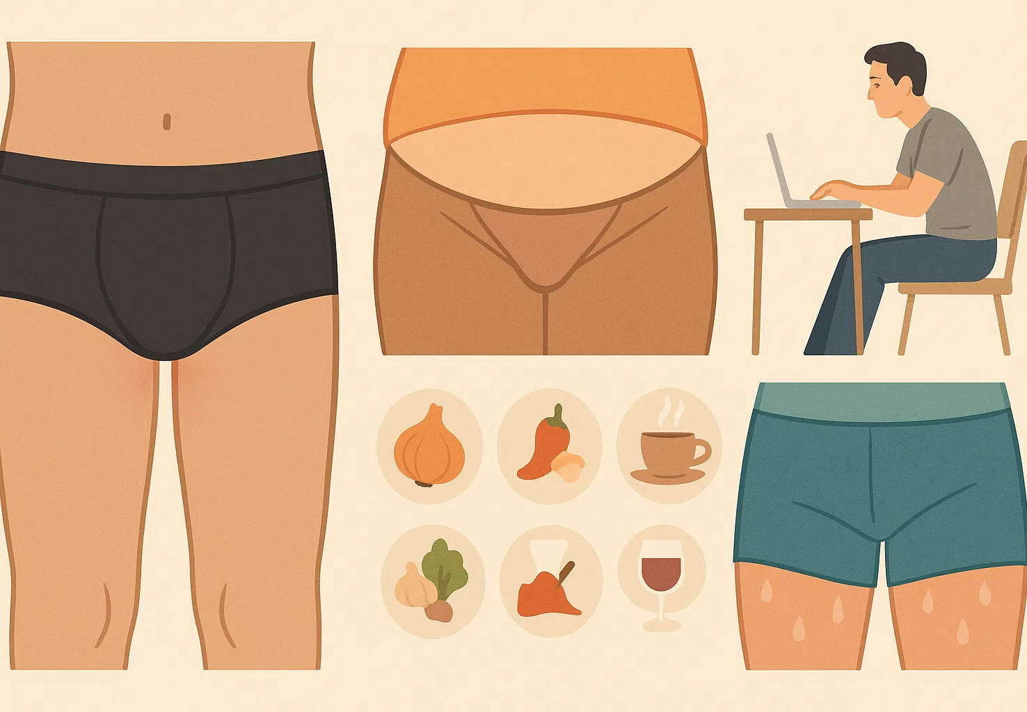 타이트한 합성섬유 속옷과 통기성이 좋은 면 속옷 비교, 비만으로 피부 접촉면이 넓어진 사타구니 단면, 마늘·양파·향신료·커피·알코올과 같은 음식 아이콘, 장시간 앉아 일하는 사람과 운동 후 땀이 고인 사타구니 부위