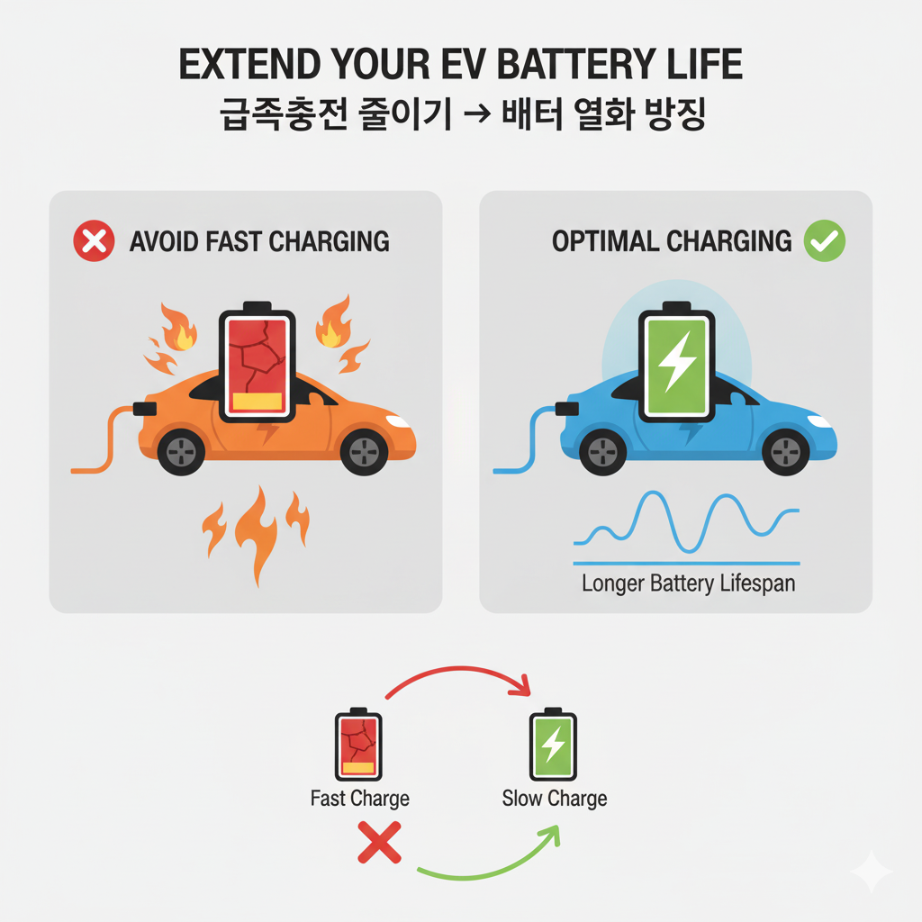 전기차 배터리 수명을 늘리기 위한 충전 방식 비교 이미지 – 급속충전은 배터리 열화와 수명 단축을 유발하고, 완속충전은 수명을 연장함