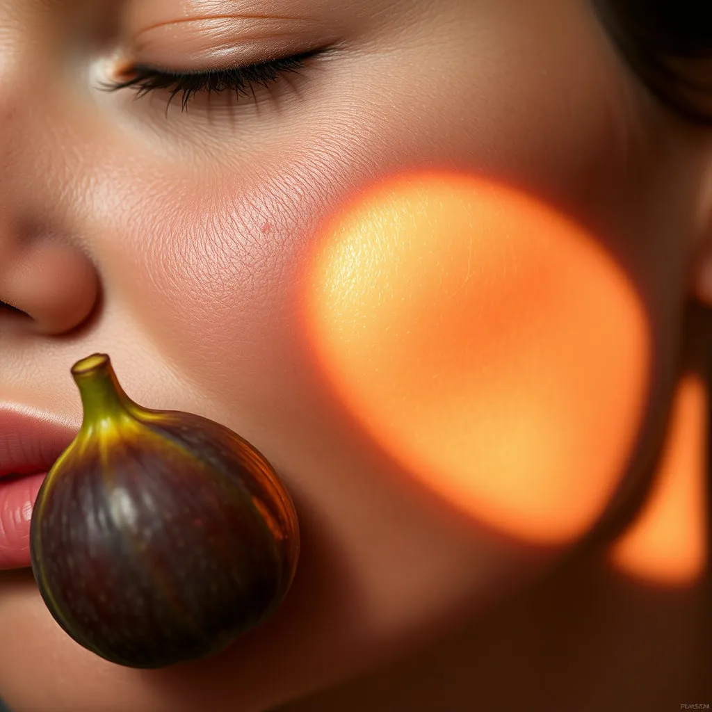 윤기 있고 촉촉한 피부를 가진 사람의 얼굴 일부분과 신선한 무화과를 함께 배치합니다. 무화과에서 나오는 부드러운 빛이 피부에 스며드는 듯한 효과를 주어, 자연스러운 아름다움과 건강함을 표현합니다.