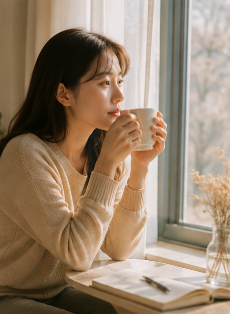 창가 앞에서 따뜻한 차를 마시며 생각에 잠긴 여성의 모습