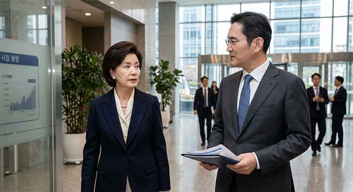 회사 로비에서 서류를 보며 대화하는 기업인 남녀의 실사 이미지입니다.