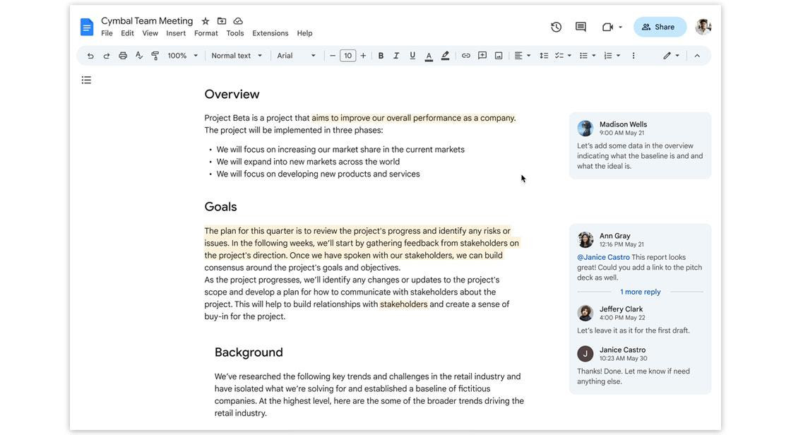 Google Docs 공동 작업과 댓글 기능 화면