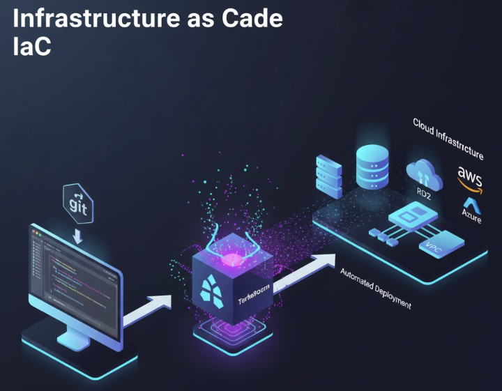 개발자가 작성한 인프라 정의 코드가 IaC 도구를 거쳐 실제 클라우드 서버와 네트워크 자원으로 자동 배포되는 인프라 자동화 메커니즘 인포그래픽 이미지