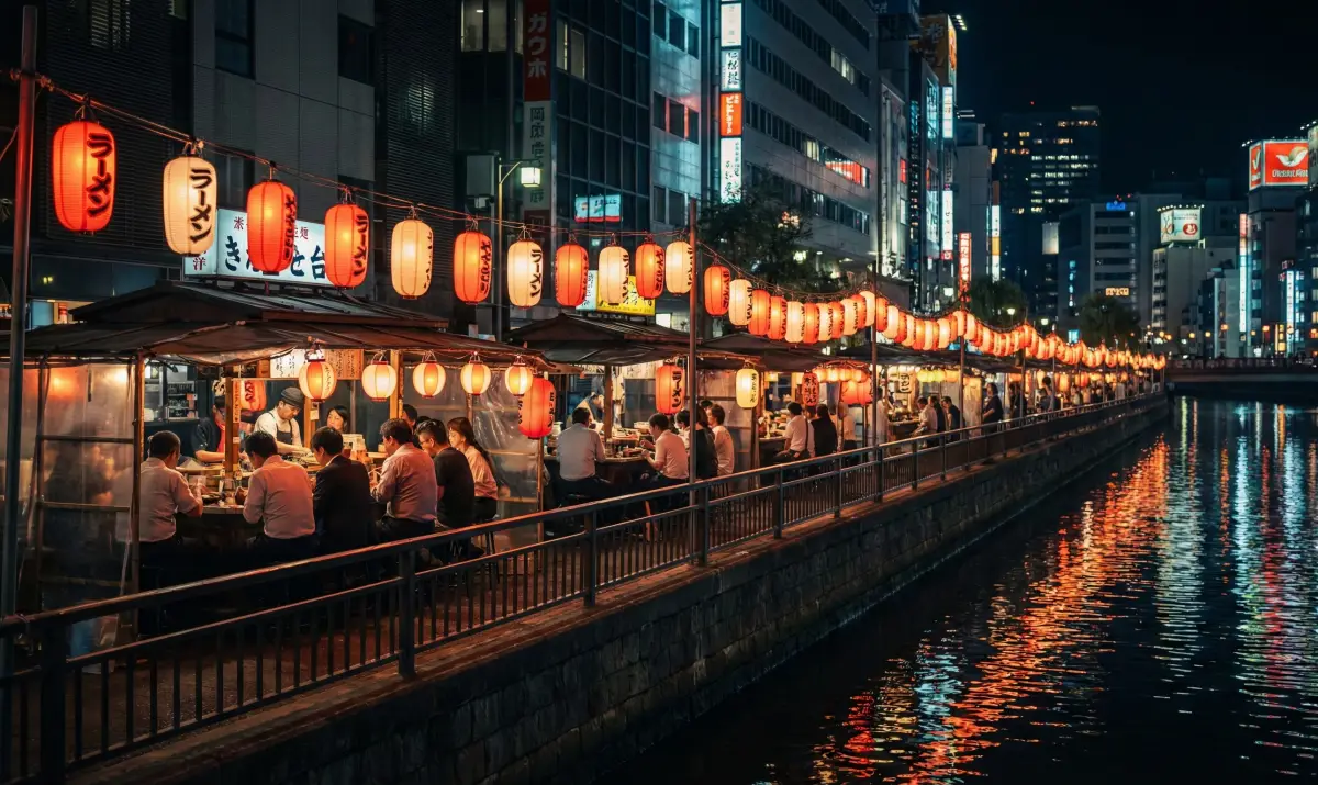 후쿠오카의 밤을 밝히는 나카스 포장마차 거리의 활기찬 풍경