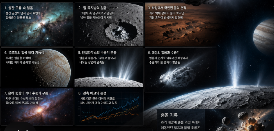 성간 구름과 위성 속 물의 흔적을 따라가며 우주 공간에서 발견되는 얼음과 수증기 흐름