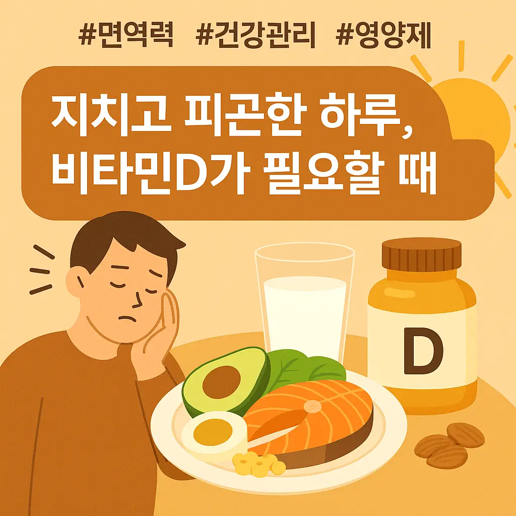 지치고 피곤한 하루를 보내는 사람을 중심으로, '비타민D가 필요할 때'라는 메시지와 햇살, 음식, 영양제 아이콘이 어우러진 건강 정보 일러스트