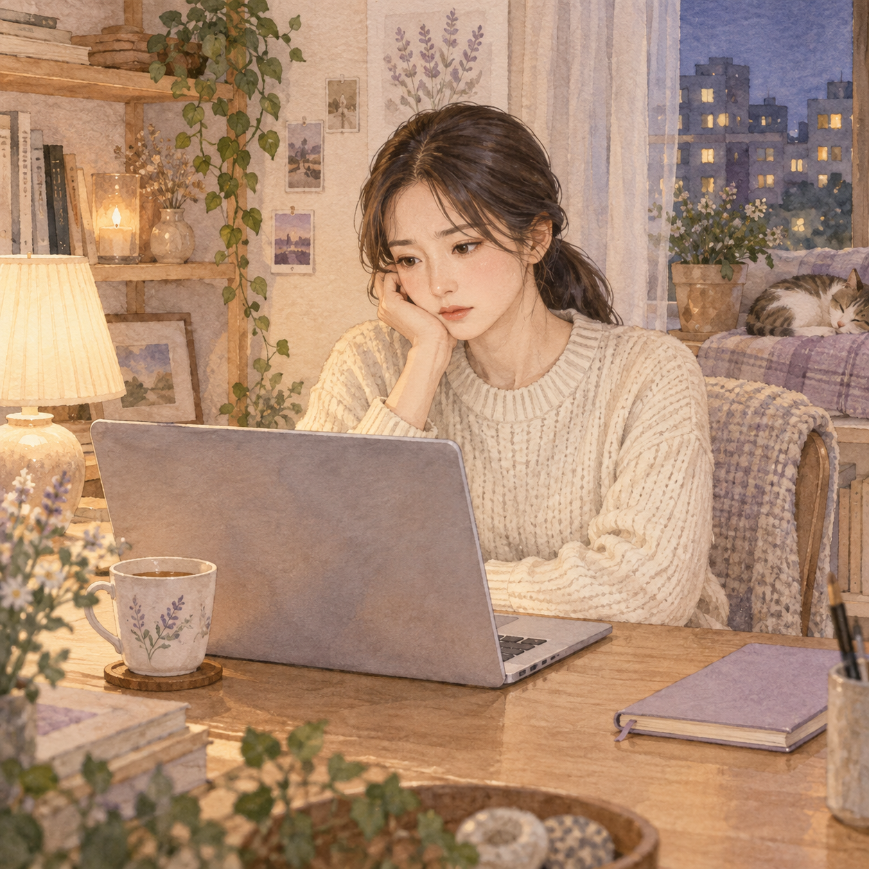 발표 자료를 보낸 뒤 아쉬운 부분을 떠올리는 은서의 일러스트