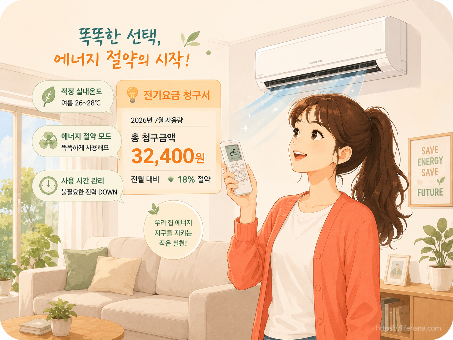 에어컨 리모컨을 손에 들고 벽에 걸린 시원한 에어컨 바람을 바라보며 미소 짓는 주부의 모습