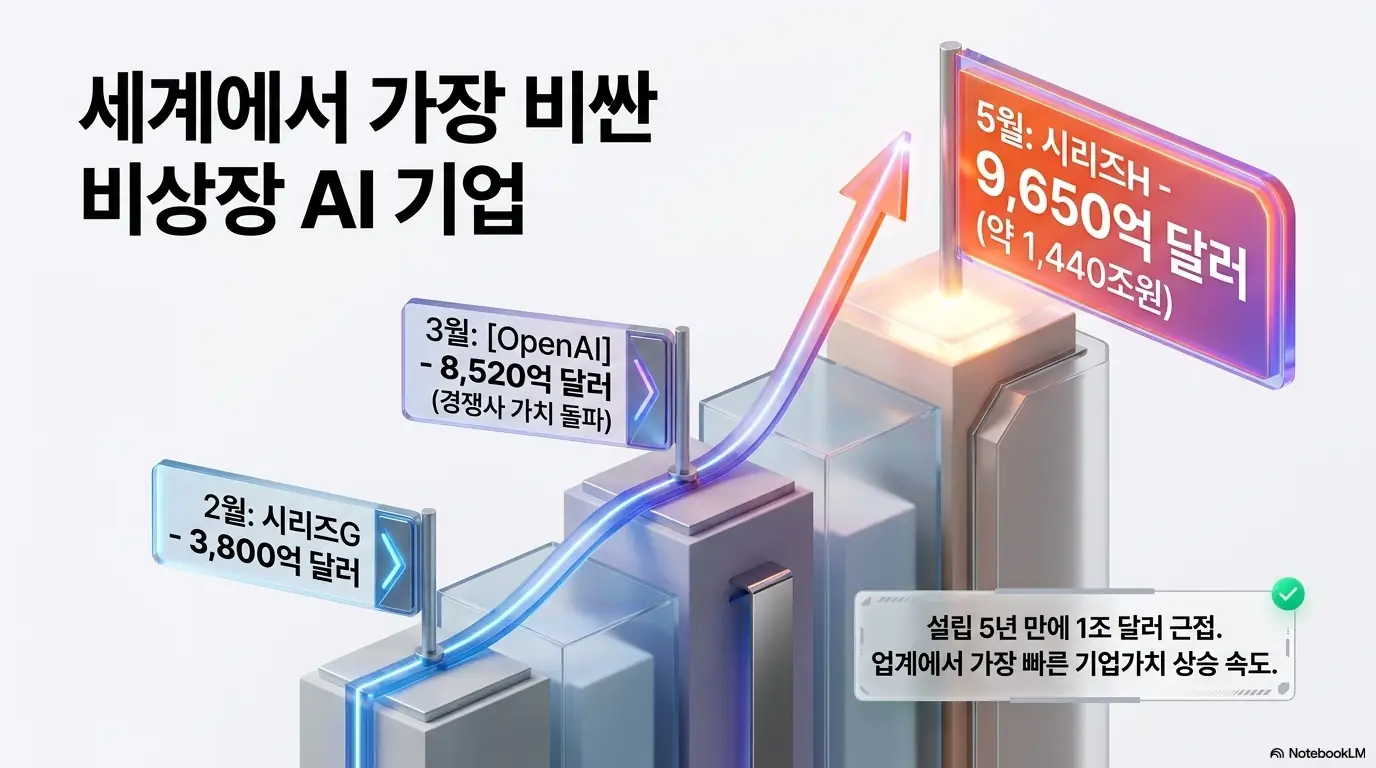 엔트로픽 투자 삼성전자 SK하이닉스: '세계에서 가장 비싼 비상장 AI 기업'이라는 제목으로 2월 시리즈G 3800억 달러에서 5월 시리즈H 9650억 달러(약 1440조원)로 상승한 흐름을 보여주는 이미지. 엔트로픽이 오픈AI 기업가치를 추월한 사실을 시각적으로 전달하며, 블로그의 엔트로픽 기업가치 분석과 관련된 내용을 설명함
