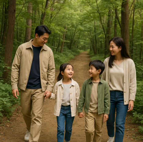 아이들과 함께 생태숲 체험을 하고 있는 부모