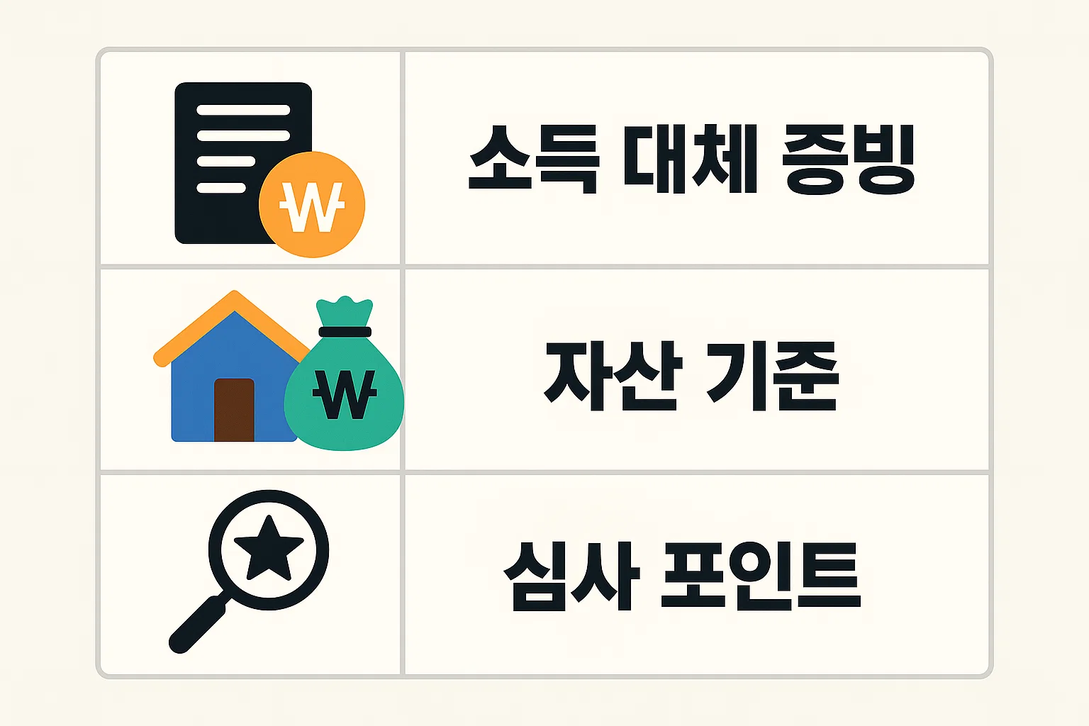 소득 대체 증빙, 자산 기준, 심사 핵심 포인트 등 대출 승인 여부에 영향을 주는 핵심 심사 요소를 시각적으로 요약한 인포그래픽입니다.