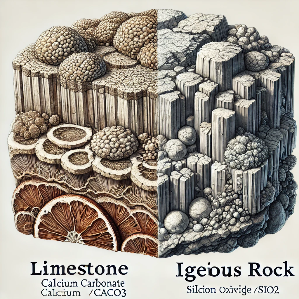 “석회암과 화성암의 비교 일러스트. 석회암은 층이 지고 다공성 구조를 가지며 탄산칼슘(CaCO₃)로 구성된 퇴적암으로 묘사되었고, 화성암은 규산염 광물이 풍부하며 결정 구조가 뚜렷한 형태로 표현됨. 두 암석의 조성과 질감을 현실감 있게 나타낸 이미지.”