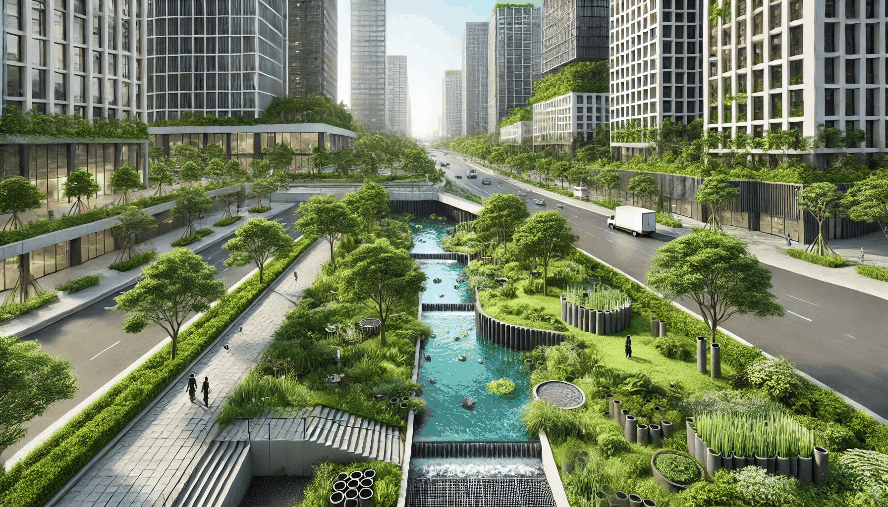 현대적인 도시 공원과 친환경 배수 시스템이 조화를 이루며 지속 가능한 도시 환경을 강조하는 풍경