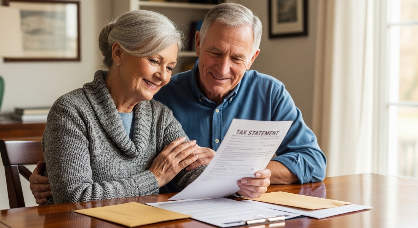 절세 계좌(연금, ISA)와 공제 서류가 놓인 테이블 앞에서, 65세 이상 부부가 세금 고지서를 여유롭게 바라보며 미소 짓는 모습
