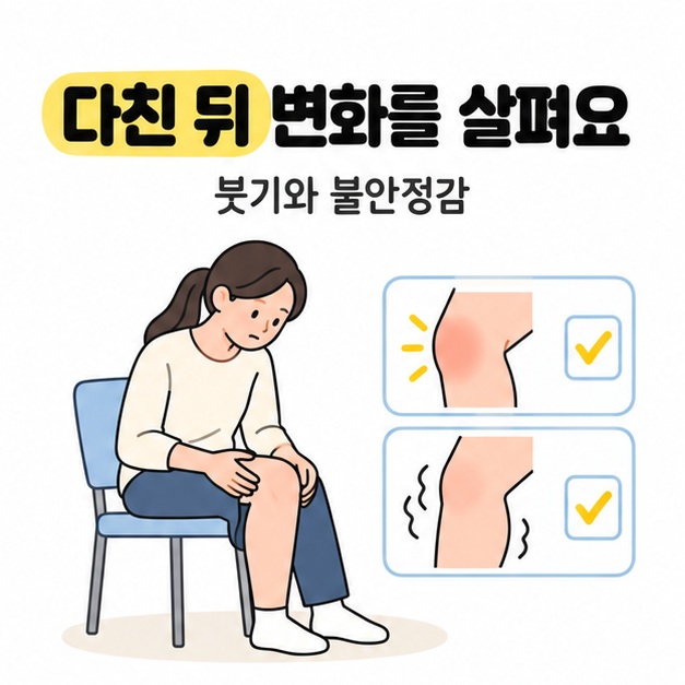 의자에 앉아 무릎을 살펴보는 여성 옆에 붓기와 불안정감을 나타낸 두 개의 확인 그림
