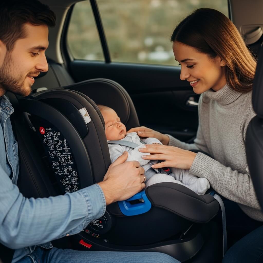 신생아를 조심스럽게 카시트에 태우는 부모의 모습