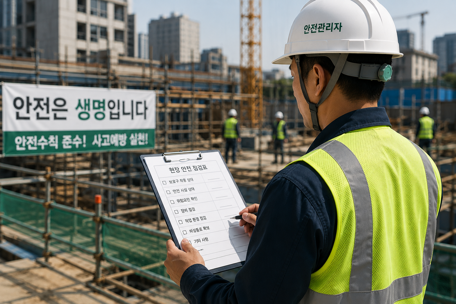 이미지 출처: AI 생성 이미지(콘텐츠 이해를 돕기 위한 시각 자료, 실제 인물을 특정하지 않은 AI 생성 이미지)
(현장 실무형 산업안전산업기사 느낌) 건설 현장에서 안전관리자가 보호장비를 착용한 채 작업 구역을 점검하고 있는 모습의 이미지입니다. 산업안전산업기사의 현장 실무 중심 역할과 안전 점검 업무 분위기를 표현한 참고용 이미지입니다.