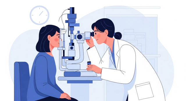 백내장 수술후 정기 경과 관찰을 위한 세극등 현미경 검사 장면