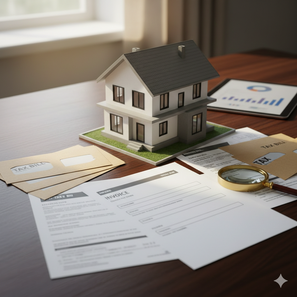 책상 위에 놓인 작은 집 모형과 여러 장의 세금 고지서, 돋보기, 그리고 부동산 분석 그래프가 띄워진 태블릿 PC가 조화를 이루고 있는 모습