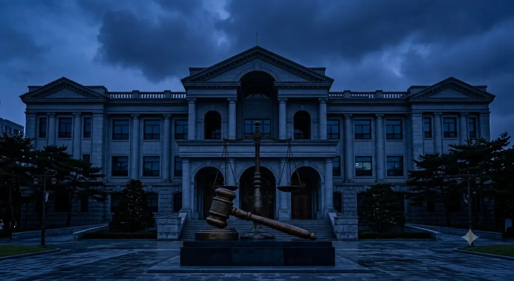 서울 법원 청사 정면, 법봉과 저울 오브제, 딥블루 톤, 무거운 분위기