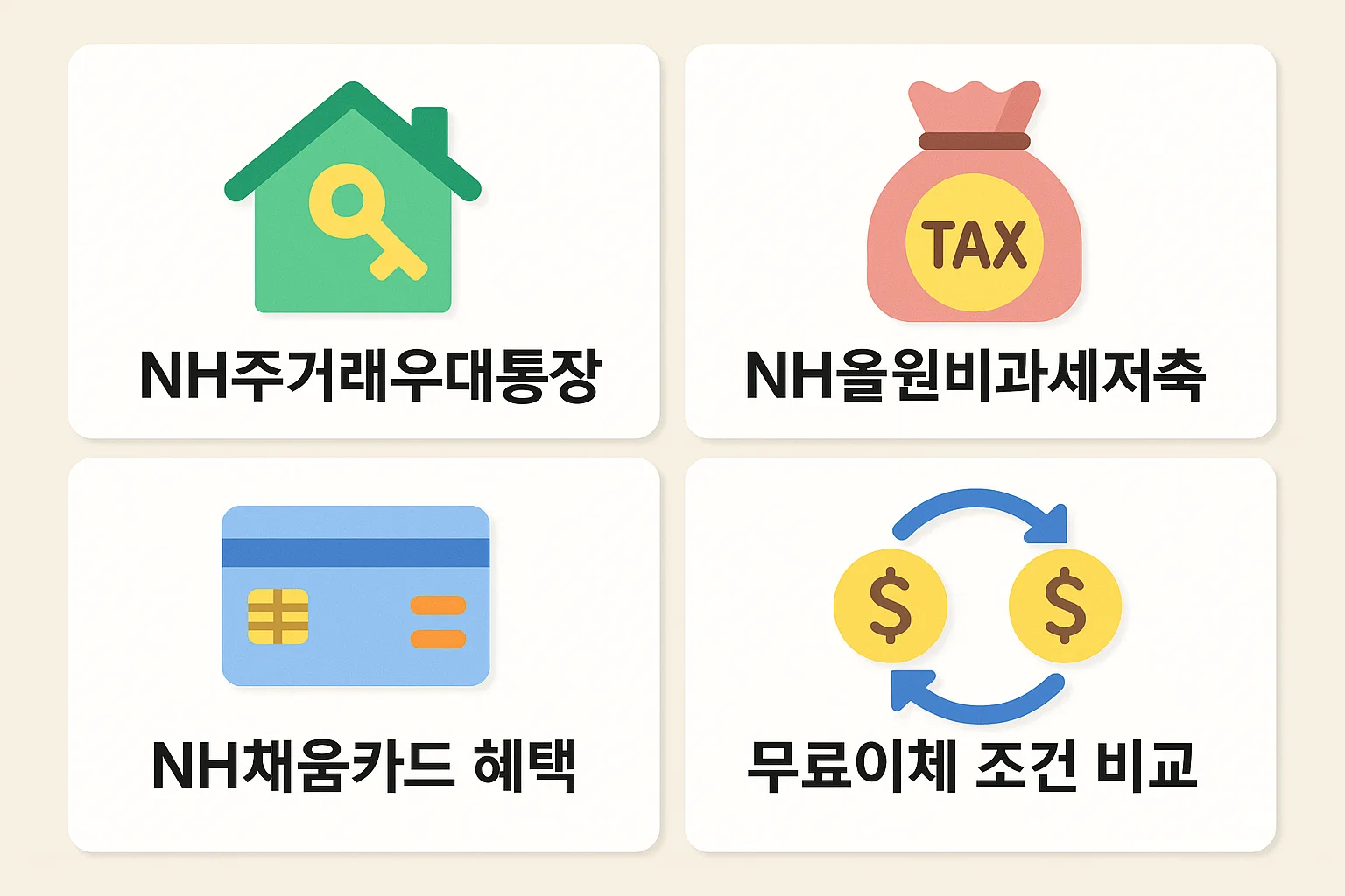 NH주거래우대통장, NH올원비과세저축, NH채움카드 등 주요 금융상품의 무료이체 혜택 조건을 비교한 인포그래픽입니다. 상품별 자동이체 및 수수료 면제 조건을 한눈에 보여줍니다.