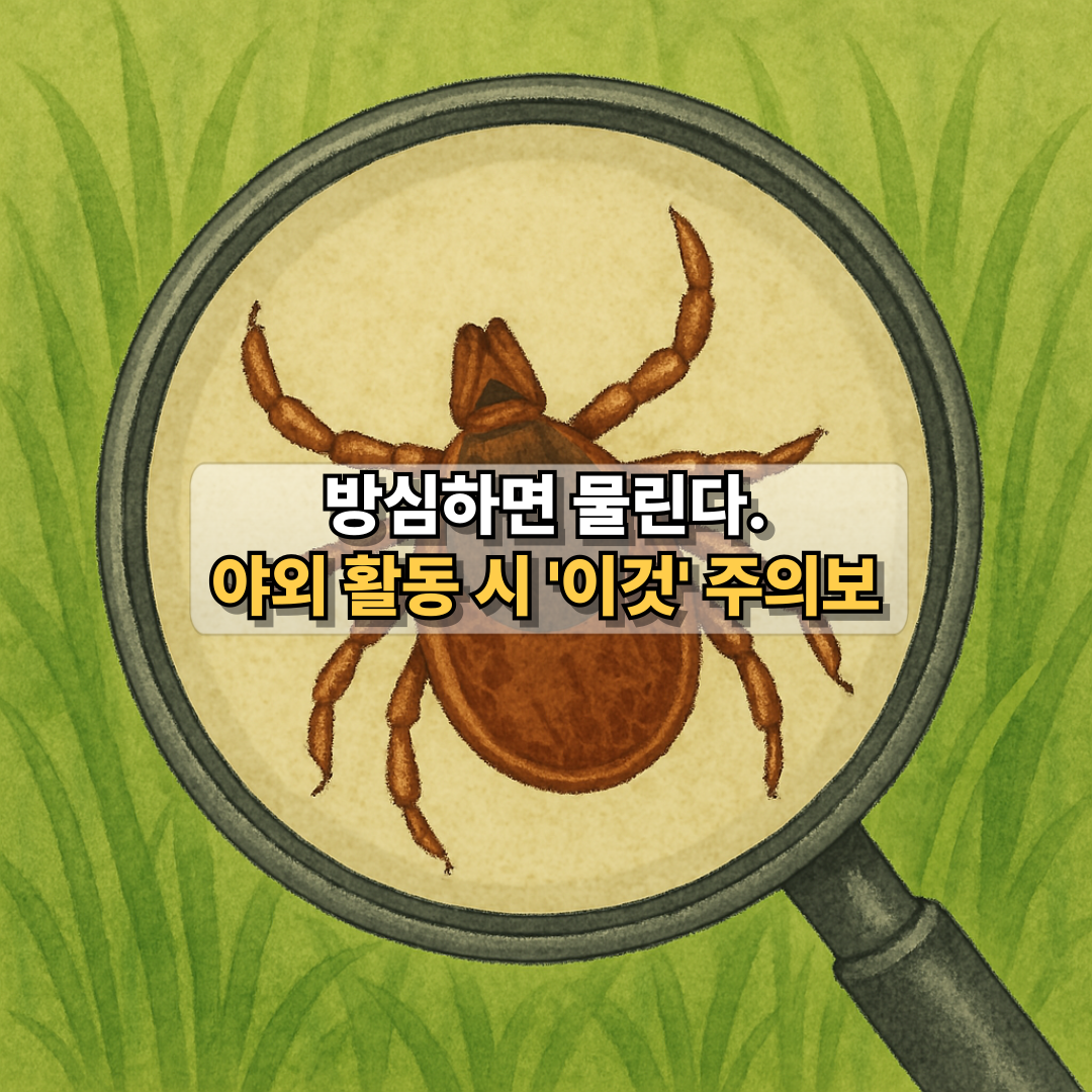 돋보기를 통해 진드기를 강조하며 봄철 야외 활동 시 주의가 필요함을 알리는 경고성 이미지