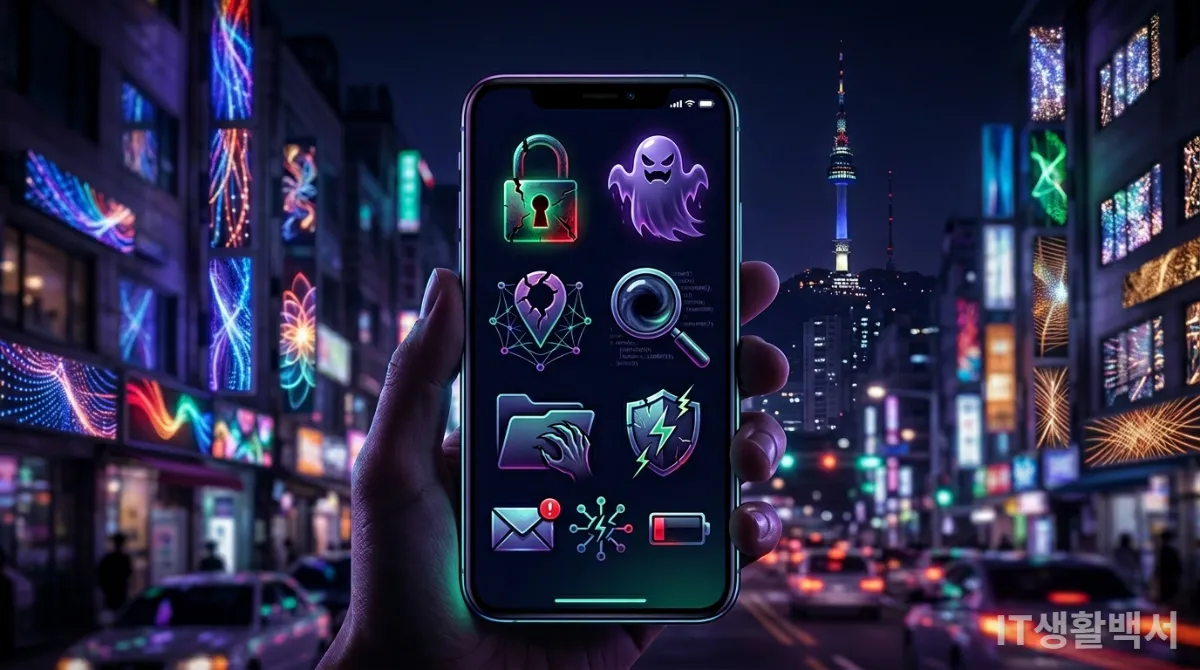 스마트폰 화면에 해킹 관련 아이콘들이 떠 있는 서울의 야경