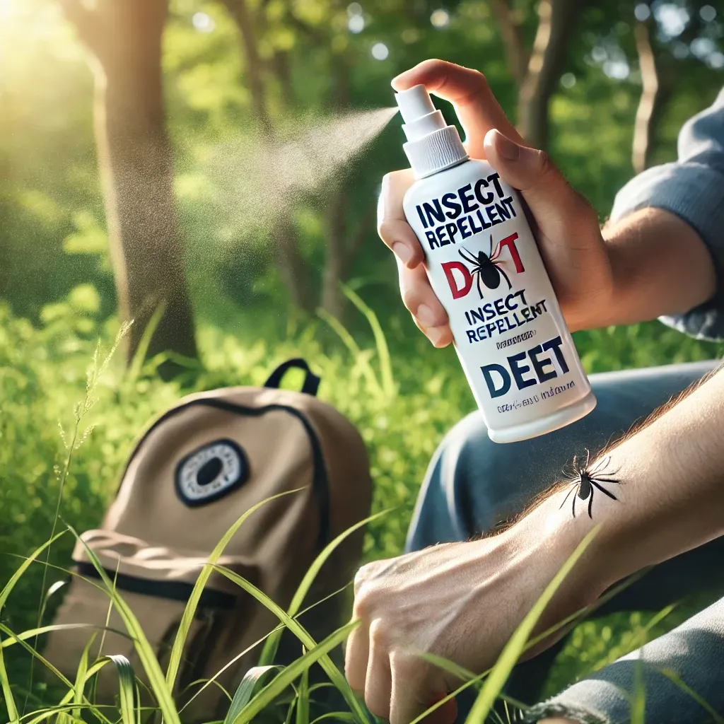 진드기 기피제 사용하는 장면