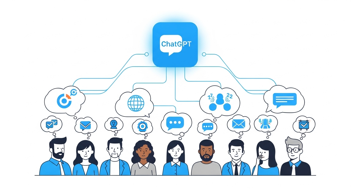 다양한 타겟 고객의 생각과 고민을 챗GPT가 분석하여 연결하는 모습, 타겟 페르소나 분석을 시각화한 이미지