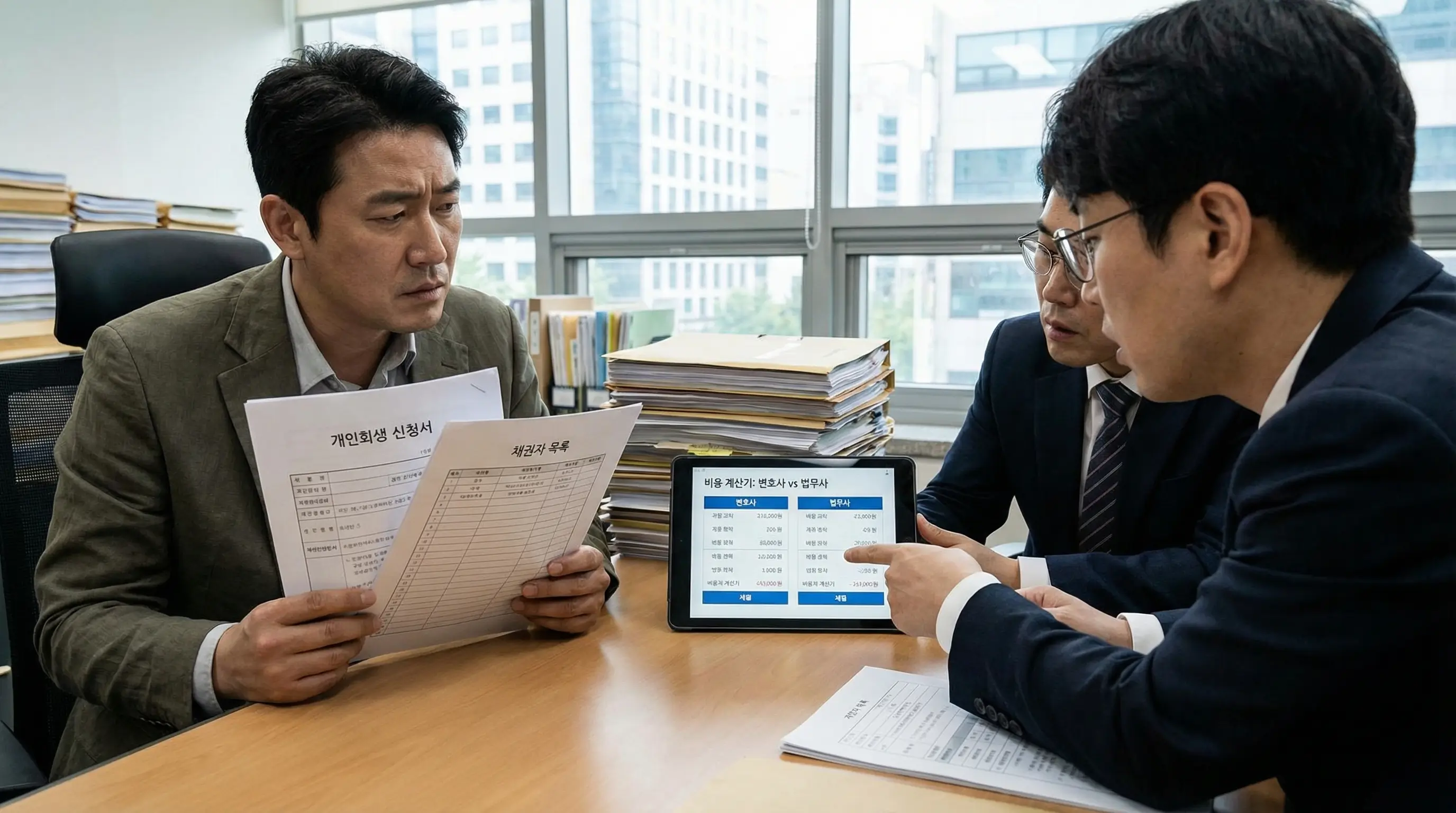 한국인 40대 남성이 법률사무소에서 개인회생 신청서와 채권자 목록을 들고 변호사와 법무사 선택을 놓고 상담받으며 비용 계산기를 확인하는 진지한 장면