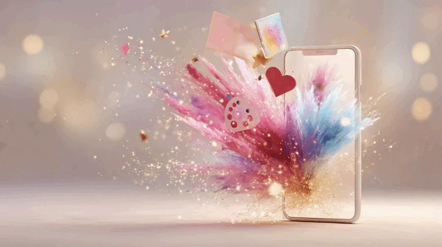 캔바 사용법 대표 이미지. 스마트폰 화면에서 화려한 색감과 위시카드, 아이콘이 폭발하듯 퍼져나오는 장면을 표현한 이미지로, 블로그의 캔바 사용법 주제를 시각적으로 전달함 (Canva usage guide).