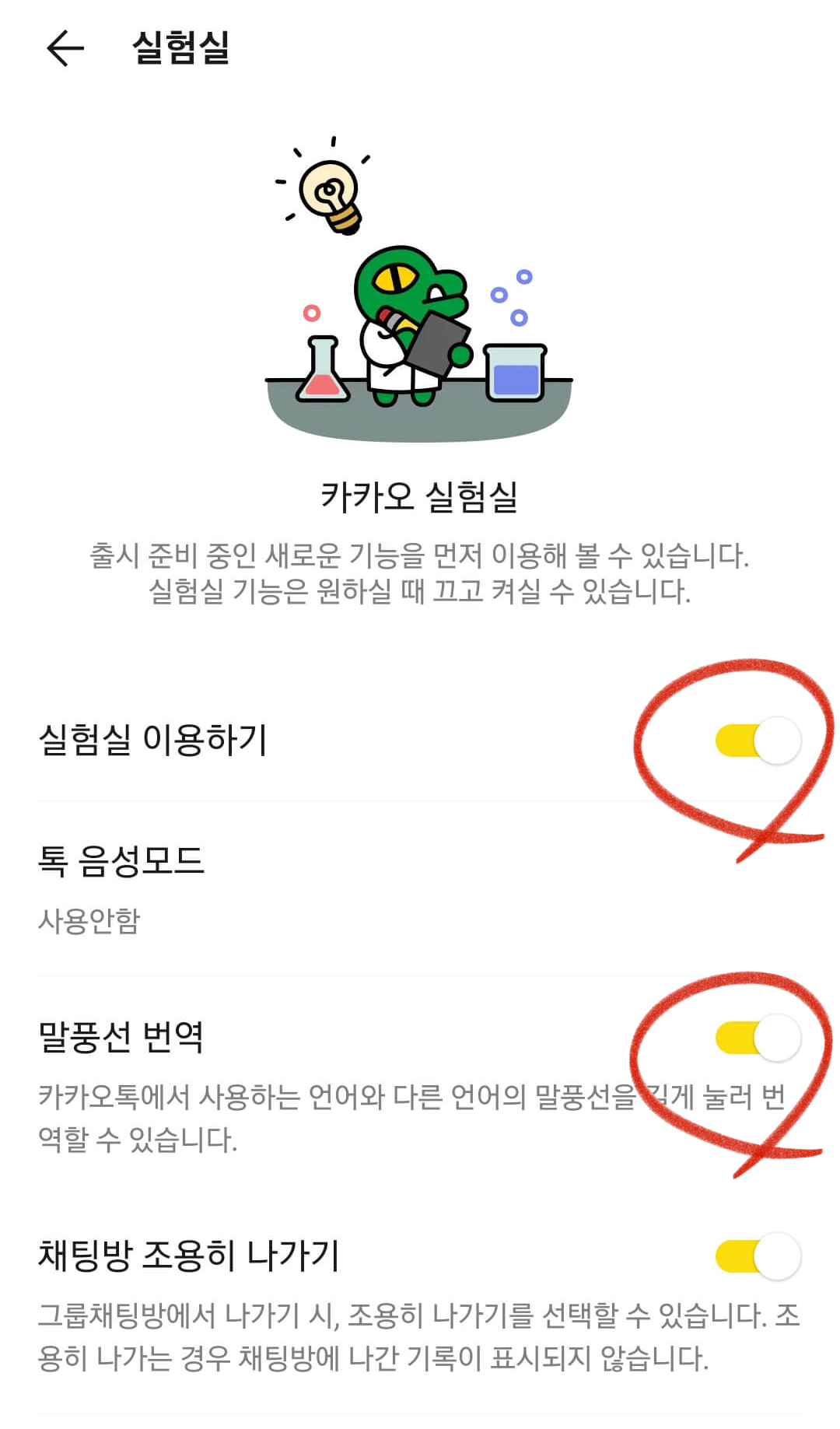 카카오 톡 실시간 번역 실험실 이용하기 켜기