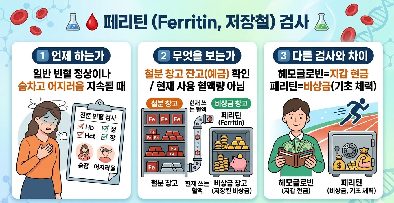 페리틴 검사로 철분 저장량과 빈혈 상태 확인하는 과정 인포그래픽
