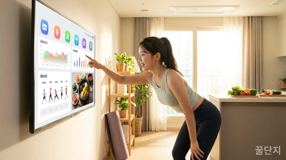 태블릿으로 AI 기반 맞춤형 운동 및 식단 코칭을 받는 모습