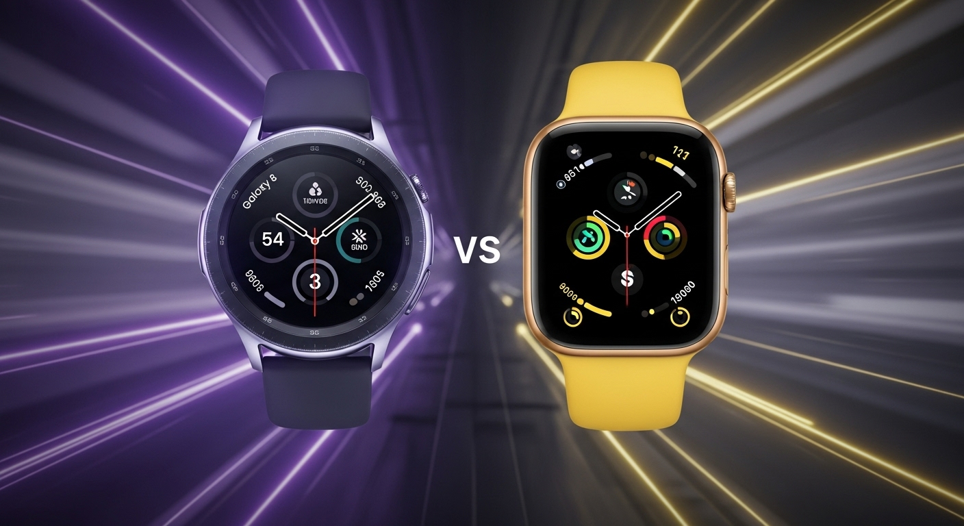 2025년 최신 스마트워치인 삼성 갤럭시 워치8과 애플 워치 X가 나란히 놓여 비교되는 모습. 각 워치의 디자인과 화면이 선명하게 보인다.