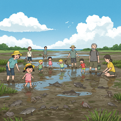 갯벌체험하는 사진