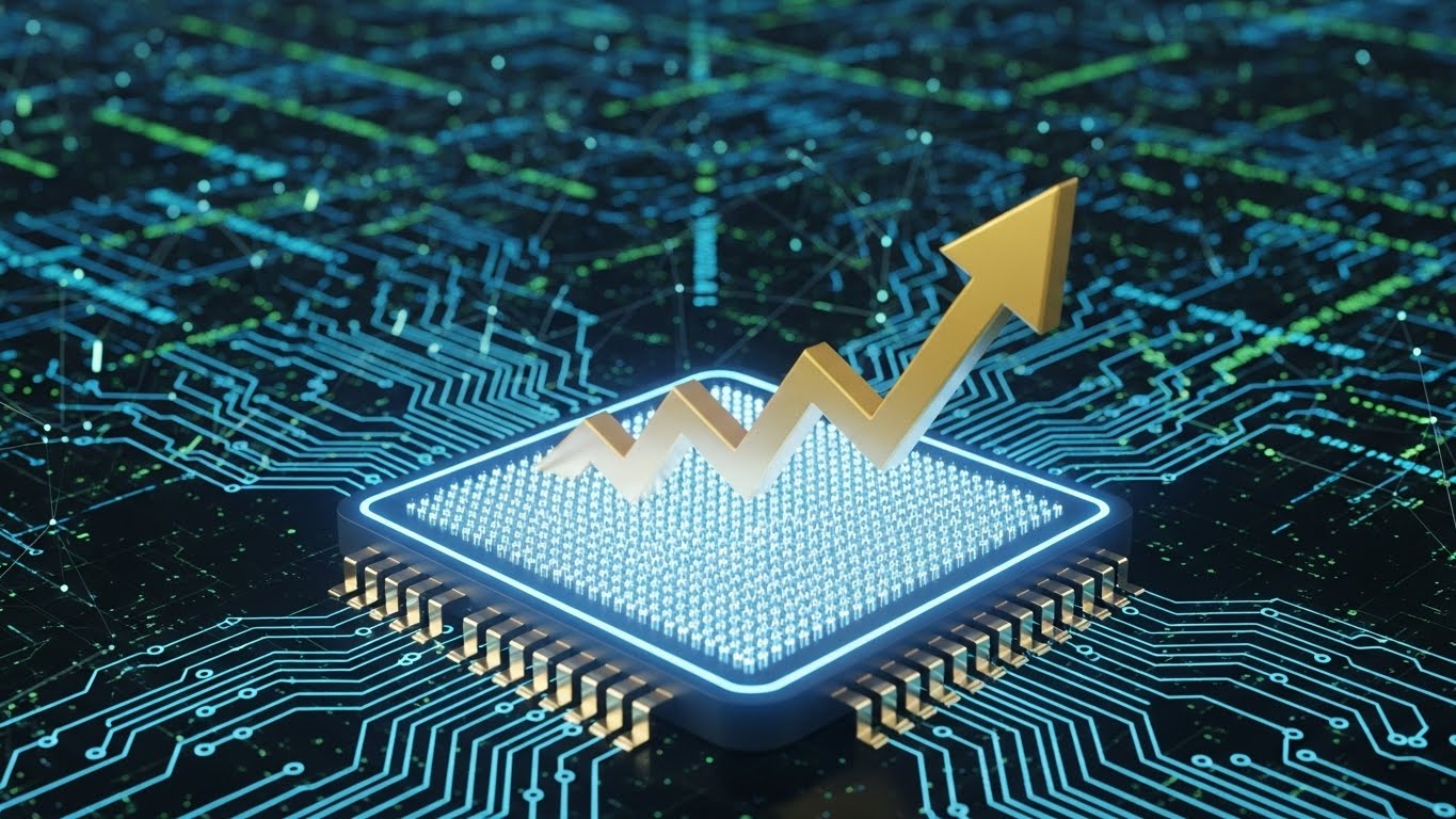 A glowing semiconductor chip with a golden upward stock market graph arrow, digital circuit background, finance and technology concept