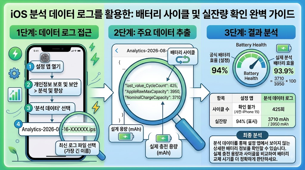 아이폰 분석 데이터 파일에서 배터리 사이클 카운트를 확인하는 텍스트 로그 화면