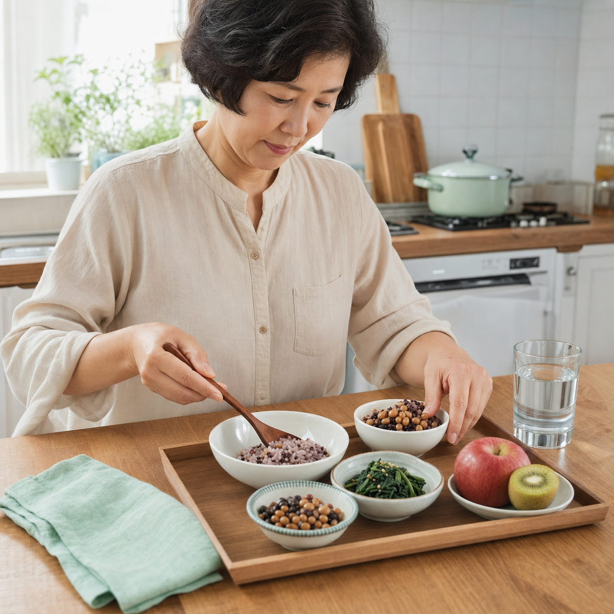 중년 여성이 변비에 좋은 음식인 잡곡밥, 콩, 채소, 통과일과 물을 준비하는 장면