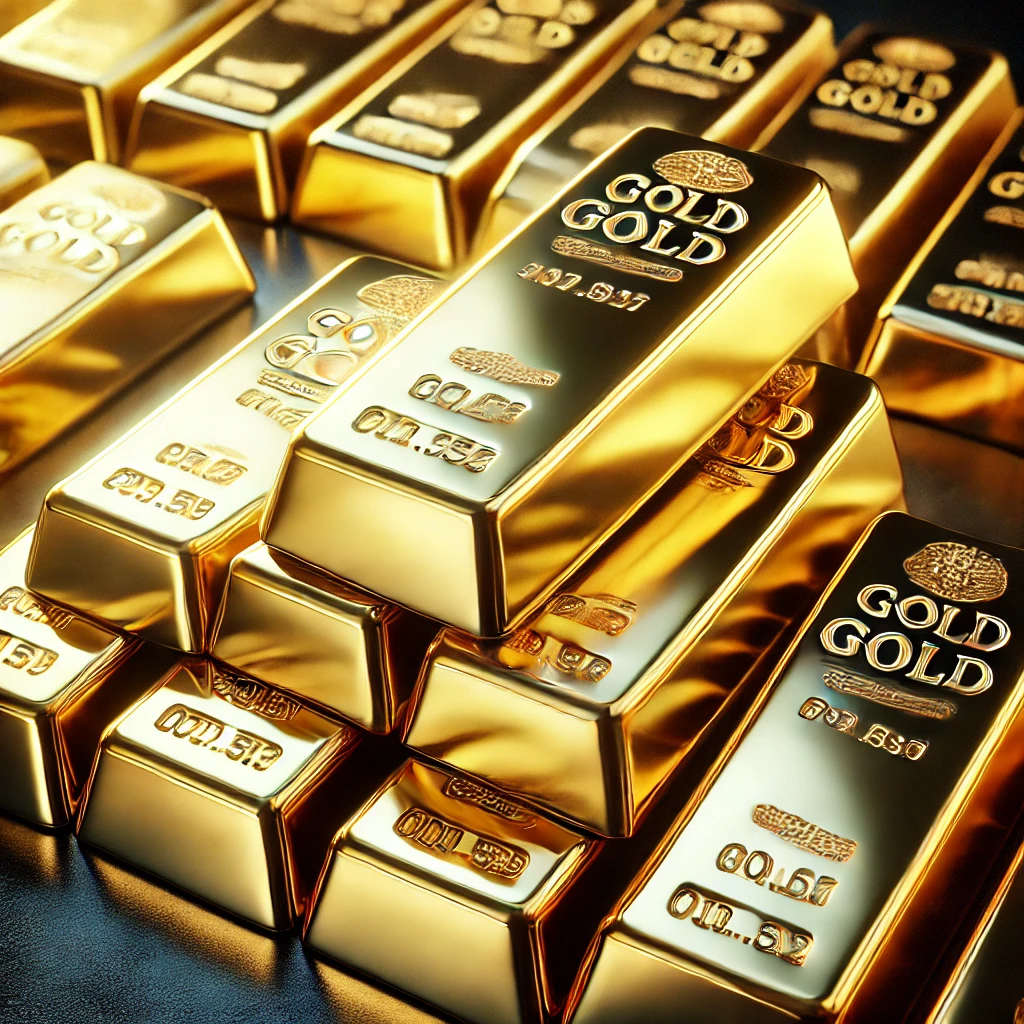 이 이미지는 반사되는 표면 위에 쌓인 골드바를 클로즈업으로 보여줍니다. 골드바는 빛나고 고급스러우며, 투자 자산으로서의 가치를 강조합니다.