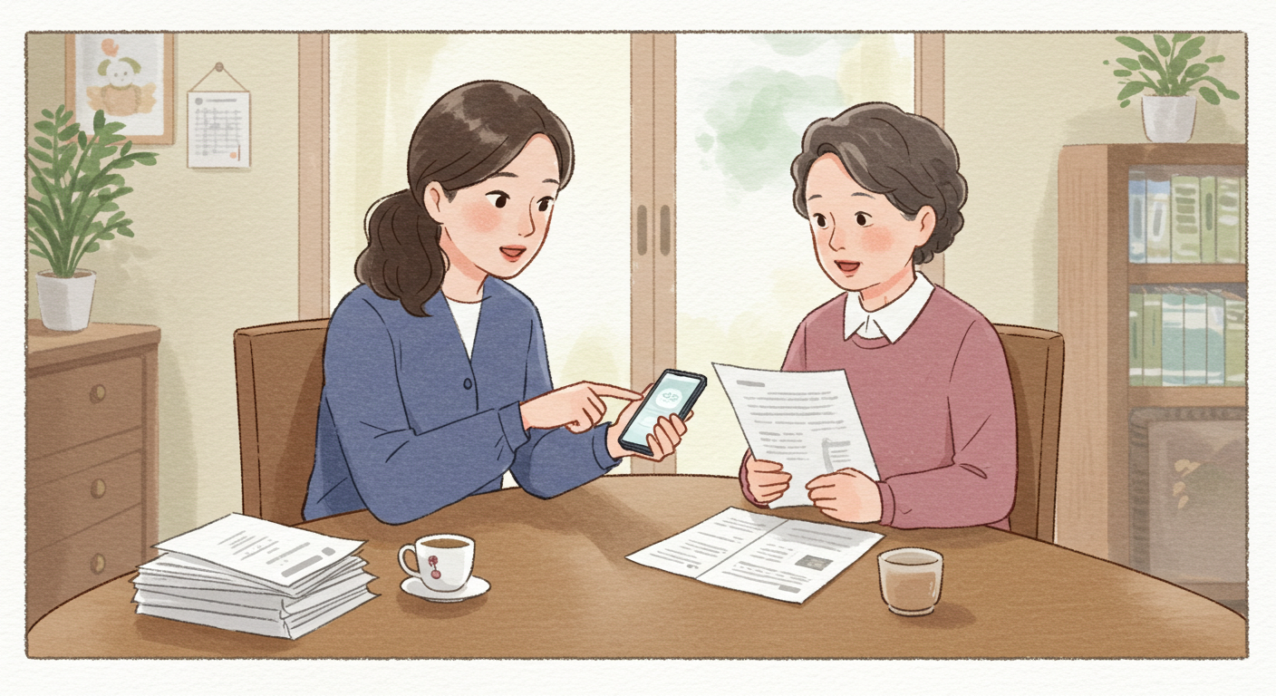 가족이 함께 건강보험 환급 절차를 확인하는 장면