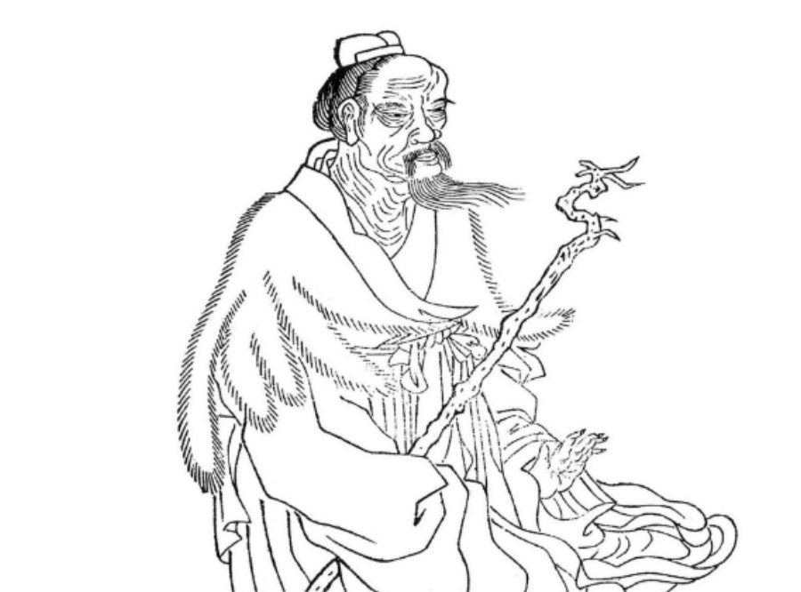 중국의 옛 성인 중에서 지팡이를 들고 있는 장자의 모습을 자세히 그린 이미지 그림 사진